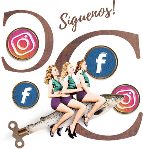 Tres mujeres montadas a lomos de una trucha, fondo con iconos de redes sociales